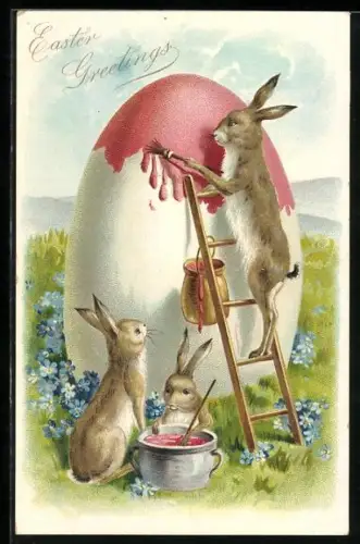 AK Osterhasen bemalen ein Ei