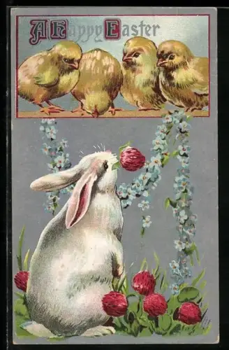 AK Osterhase und Osterküken mit Vergissmeinnicht-Girlande