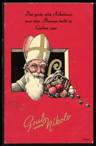 AK Nikolaus mit Geschenksack und Bischofsmütze
