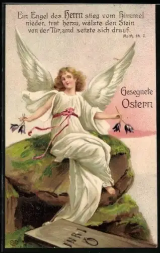 Präge-AK Osterengel mit Blumen in den Händen, Matth. 28. 2