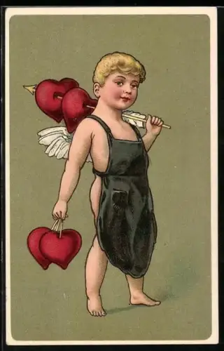 AK Amor mit Schürze und aufgespiessten Herzen