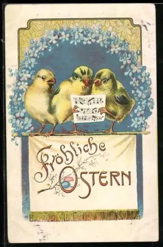 AK Drei singende Osterküken mit Vergissmeinnicht