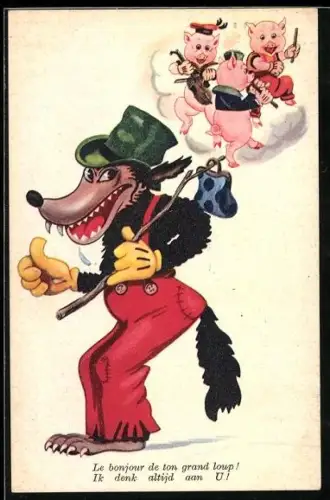 Künstler-AK Der Wolf und die drei Schweinchen, Wolf guckt hinterlistig zu den tanzenden Schweinen