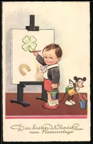 Künstler-AK Mickey Mouse giesst Fliegenpilze, Kind malt ein Kleeblatt