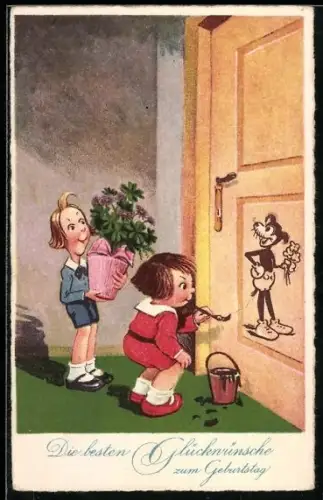 Künstler-AK Kinder malen eine Figur an die Tür, Geburtstagswünsche