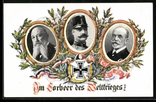 AK Porträt von Admiral Anton Haus im Lorbeer-Passepartout mit türkischer Fahne