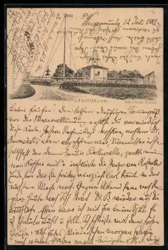 Vorläufer-Lithographie Warnemünde, 1882, Partie am Leuchtturm, mit Hemdtaschenknick