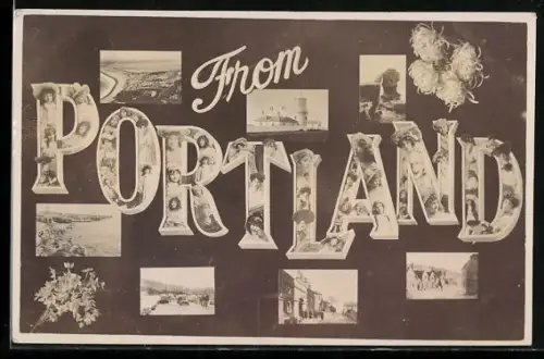 AK Portland, Schriftzug mit Frauenportraits, Felsen, Strassenpartie