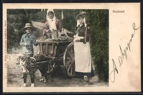 AK Braband, Milchverkäuferinnen mit Knabe und Hundegespann