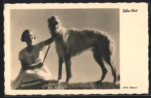 AK Edles Blut, Junge Dame mit Windhund