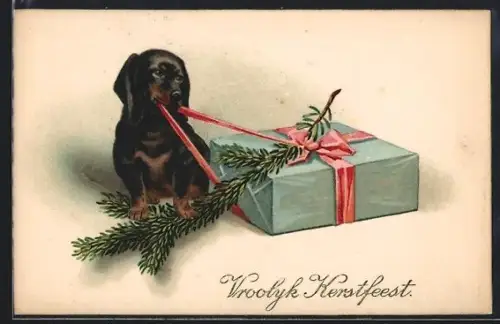 AK Dackel zerrt am Band eines Geschenkpäckchens, Weihnachtsgruss