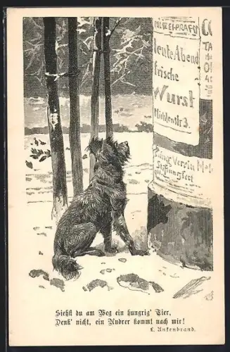 Künstler-AK Hungriger Hund vor Wurstreklame