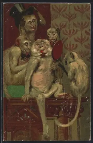 AK Affen sitzen auf einem Tisch und albern mit einem Schminkspiegel herum