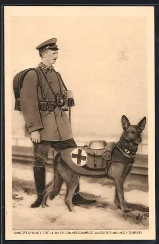 AK Sanitätshund in Feldausrüstung mit seinem Führer