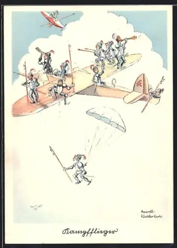 Künstler-AK Kampfflieger, Fallschirmjäger in Rüstung mit Hellebarde