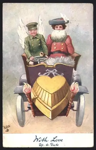 AK Amor chauffiert eine Dame im Automobil