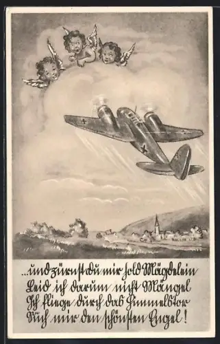 AK ...und zürnst du mir hold Mägdelein..., Engel und Kampfflugzeug