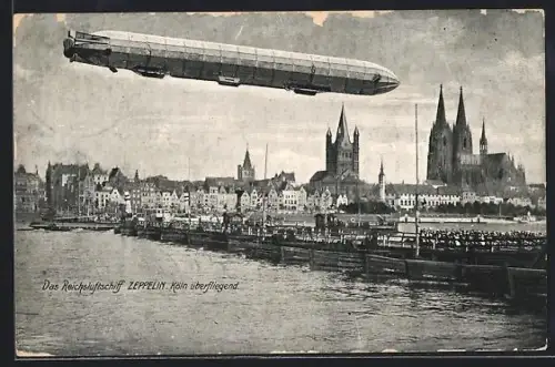 AK Köln a. Rh., Reichsluftschiff Zeppelin den Rhein überfliegend