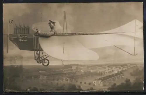 Foto-AK Munsterlager, Soldat in einer Flugzeugattrappe