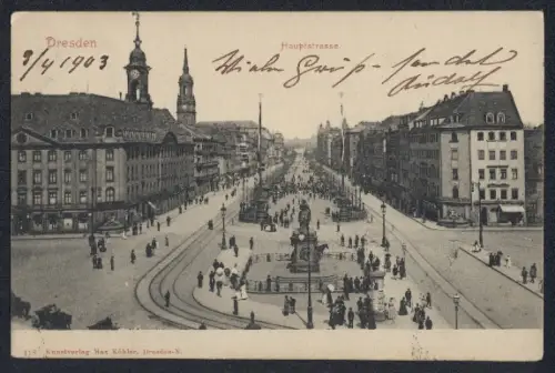 AK Dresden-Neustadt, Hauptstrasse mit Denkmal