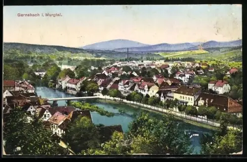 AK Gernsbach i. Murgtal, Stadtansicht mit Fluss und Brücke