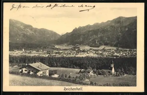 AK Reichenhall, Panorama mit Kirche und Gebirgskulisse