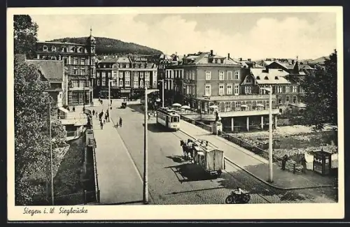 AK Siegen i. W., Siegbrücke mit Strassenbahn
