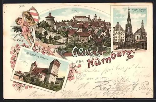 Lithographie Nürnberg, Burg, Schöner Brunnen, Frauenkirche