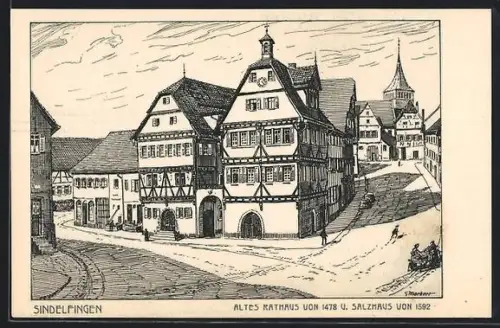 Künstler-AK Sindelfingen, Altes Rathaus von 1478, Salzhaus von 1592