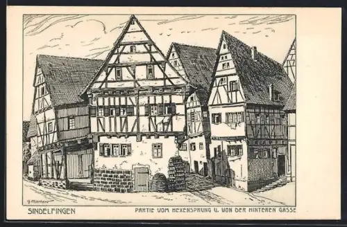 Künstler-AK Sindelfingen, Partie vom Hexensprung und von der Hinteren Gasse