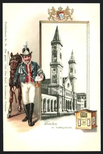 Passepartout-Lithographie München, St. Ludwigskirche, Postbote, Briefkasten