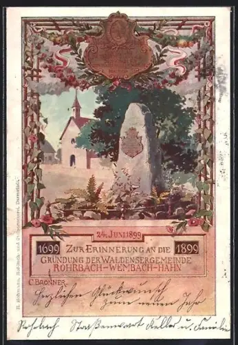 Künstler-AK Rohrbach / Ober-Ramstadt, Gründung der Waldensergemeinde 1899, Gedenkstein und Kirche