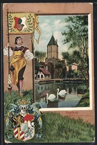 AK Augsburg, Jacobertor, Passepartout mit Wappen