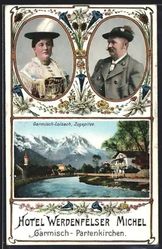 AK Garmisch-Partenkirchen, Hotel Werdenfelser Michel, Zugspitze, Paar in Trachten