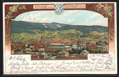 Lithographie Neustadt a. Haardt, Ortsansicht mit Kirche und umliegenden Weinbergen