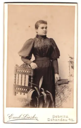 Fotografie Emil Lieske, Schandau, Kirchgasse, Frau in viktorianischem Kleid