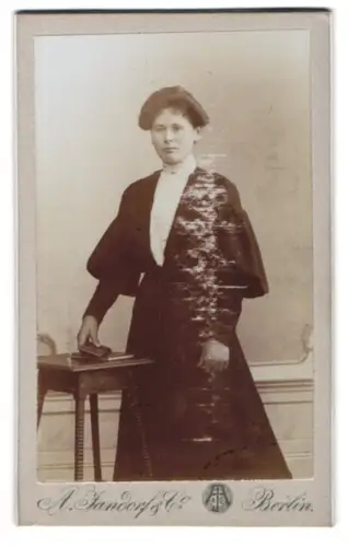 Fotografie A. Jandorf & Co., Berlin, S.W. Bellealliancestr. 1/2, Elegante Dame im langen Kleid