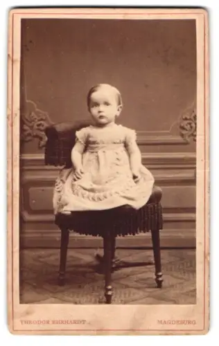 Fotografie Theodor Ehrhardt, Magdeburg, Jacobsstrasse 14b, Porträt eines kleinen Kindes auf Stuhl