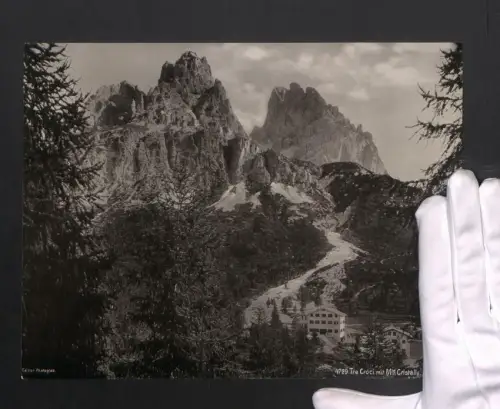 Fotografie Photoglob, Ansicht Cortina d’Ampezzo, Tre Croci mit Mte. Cristallo, Grossformat 27 x 20cm