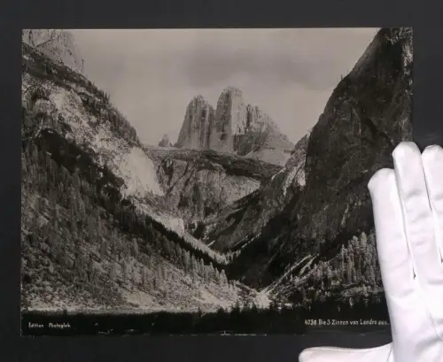 Fotografie Photoglob, Ansicht Landro, Blick auf die Drei Zinnen, Grossformat 27 x 21cm