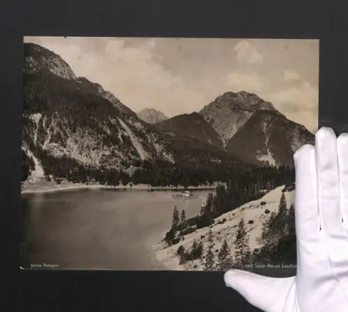 Fotografie Photoglob, Ansicht Seis am Schlern, Seiser-Alm mit Luschari, Grossformat 27 x 21cm