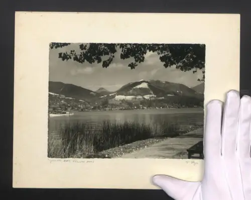 Fotografie W. Seeger, Ansicht Wiessee, Blick vom Ort auf den Tegernsee mit Bergen