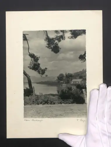 Fotografie W- Seeger, Adria Landschaft mit Wohnhaus am Wasser, Stachekdrahtzaun