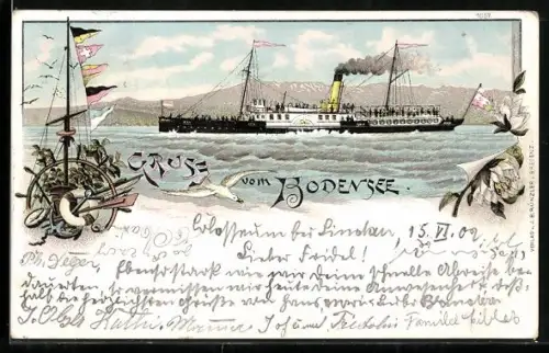 Lithographie Grüsse vom Bodensee, Raddampfer vor Bergpanorama