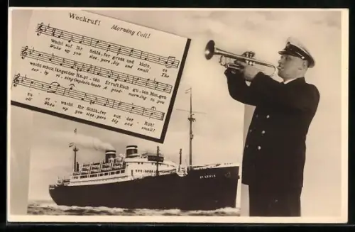 AK Passagierschiff St. Louis in Fahrt, Notenblatt und Text zum Weckruf