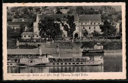 AK Posta, Elbe-Dampfer Leipzig auf Höhe des Pensionshaus-Gasthofs Posta