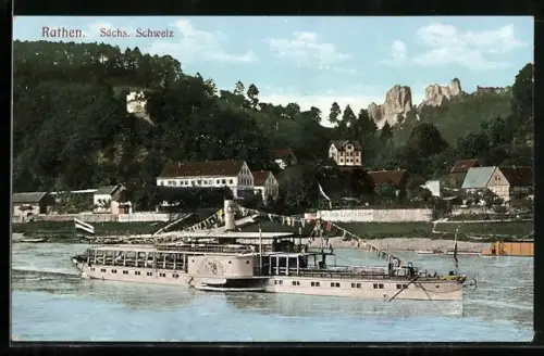AK Rathen, Elbe-Dampfer Auguste Victoria passiert den Ort
