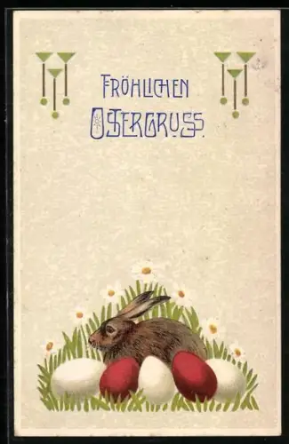 Präge-AK Osterhase mit Ostereiern, Ostergruss