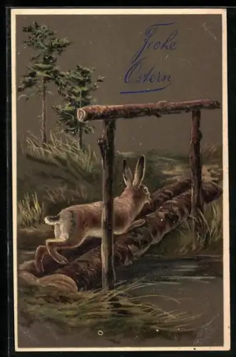 Präge-AK Osterhase läuft über Baumstämme, Ostergruss