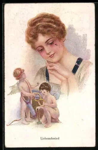 AK Liebesschmied, Amor mit zusammengeschweissten Ringen, Junge Dame